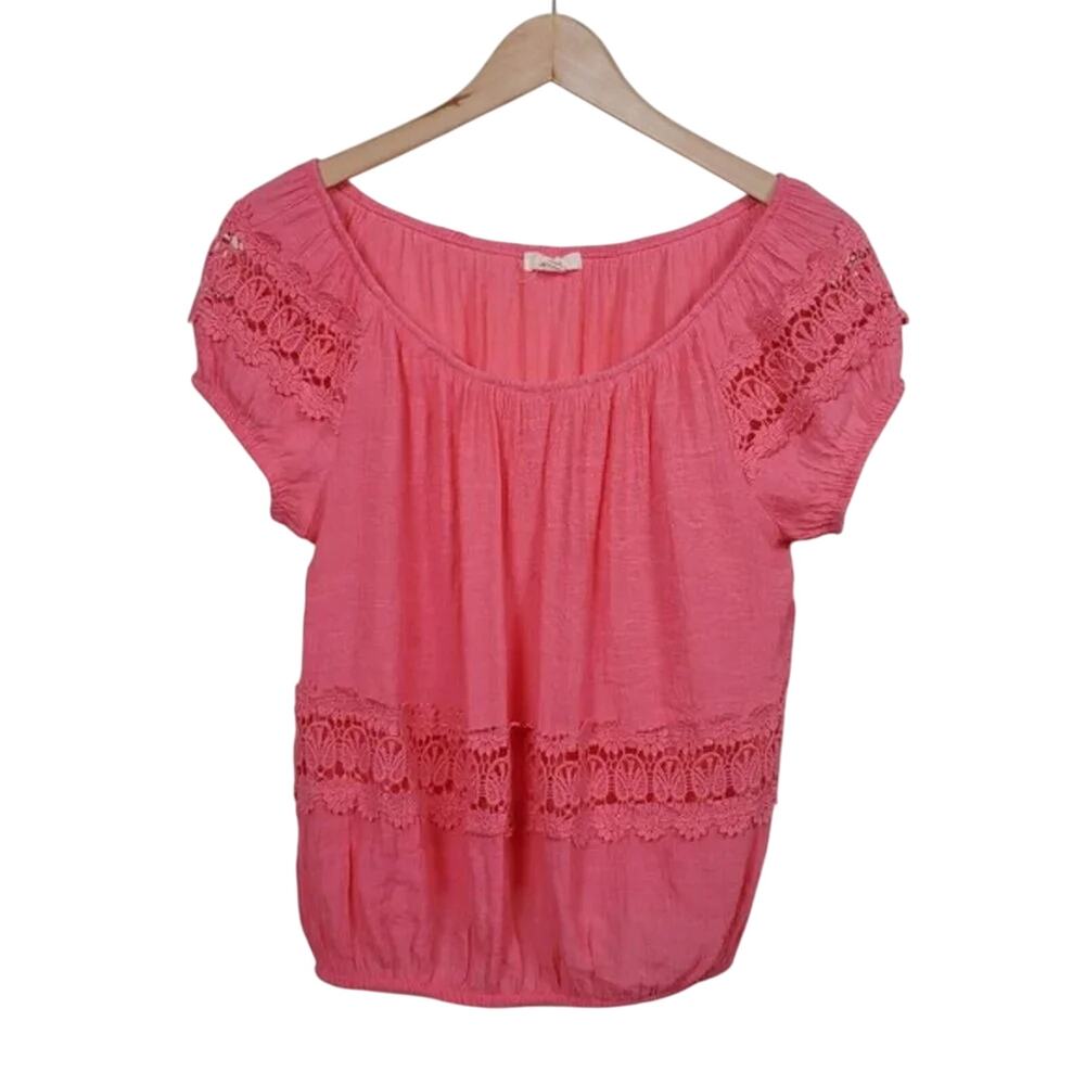 MINE Short Sleeve Cropped Top Women Size L Pink Cotton Elastic Boho Peasant